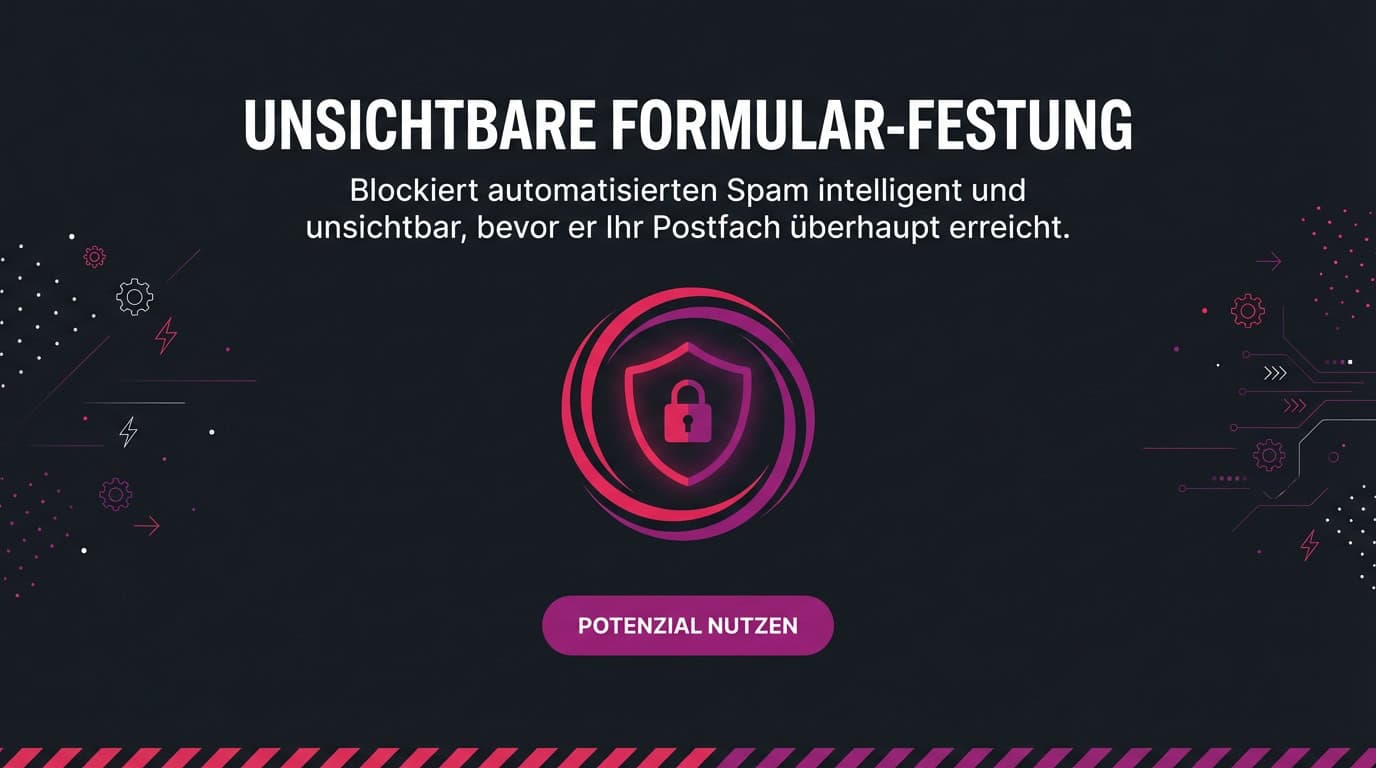 Grafik mit Text 'Unsichtbare Formular-Festung' und einem Schutzschild-Icon für den Spamschutz.