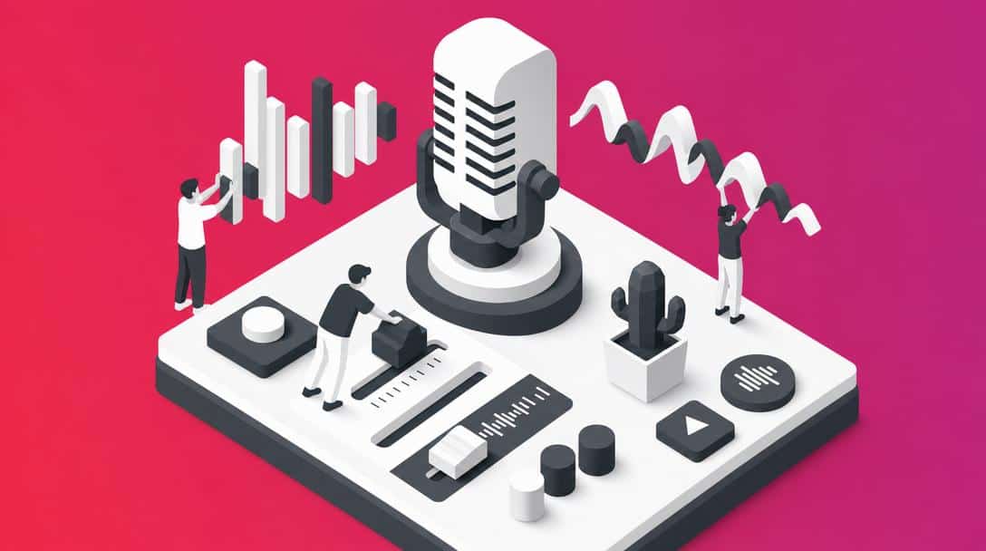 Stimmenverzerrer Software mit Mikrofon und Reglern Illustration eines Mikrofons mit Audio-Wellenformen, Reglern und kleinen Figuren, die das LU-Kaktus Plugin darstellen.