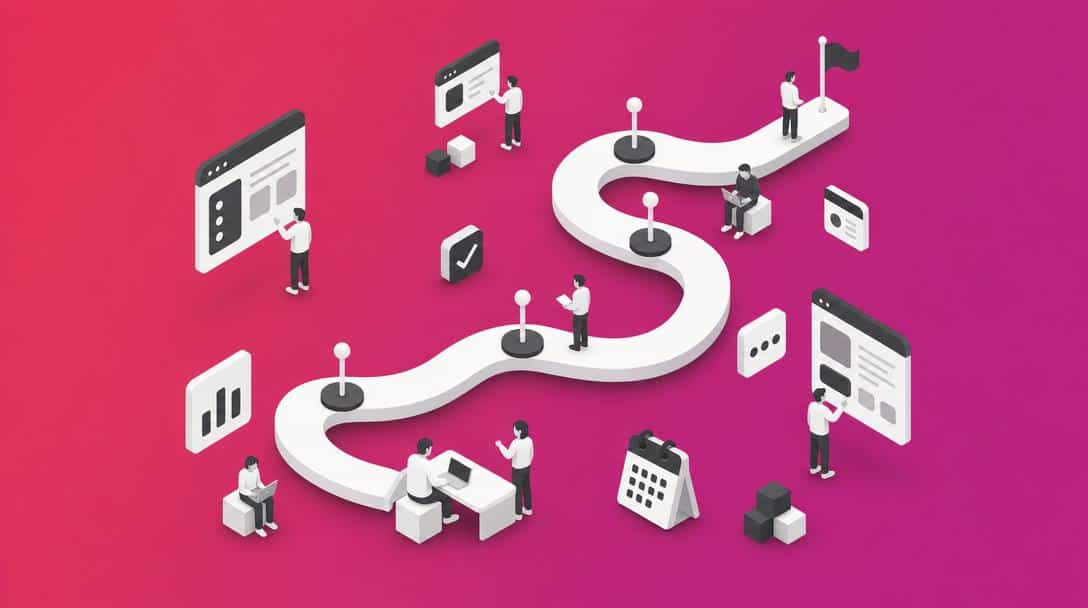 LU Timeline Plugin: Interaktive Zeitstrahl-Visualisierung Illustration eines geschwungenen Zeitstrahls mit Personen, die daran arbeiten, und verschiedenen Icons für Daten, Kalender und Webseiten.