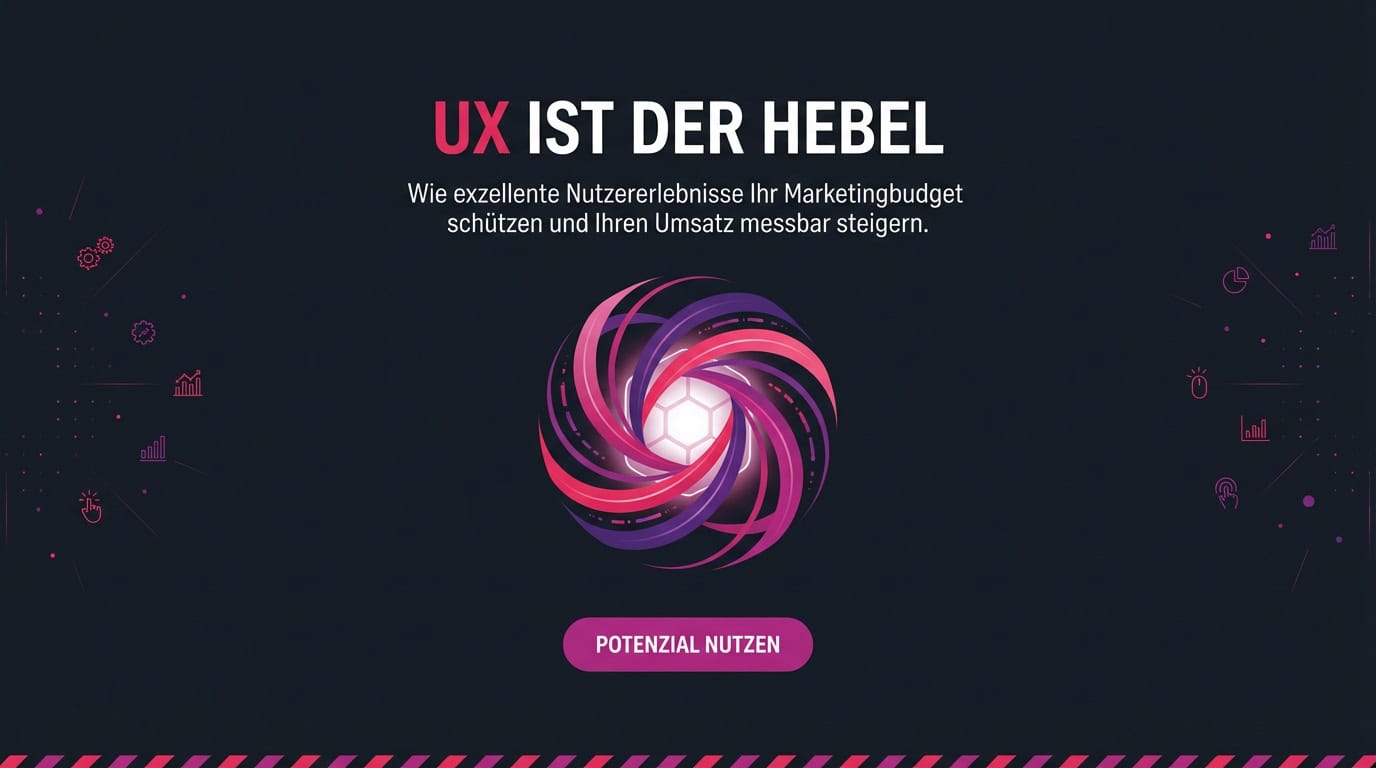 Grafik mit Text: UX ist der Hebel. Ein pink-lila Wirbel symbolisiert die Dynamik von Nutzererlebnissen.