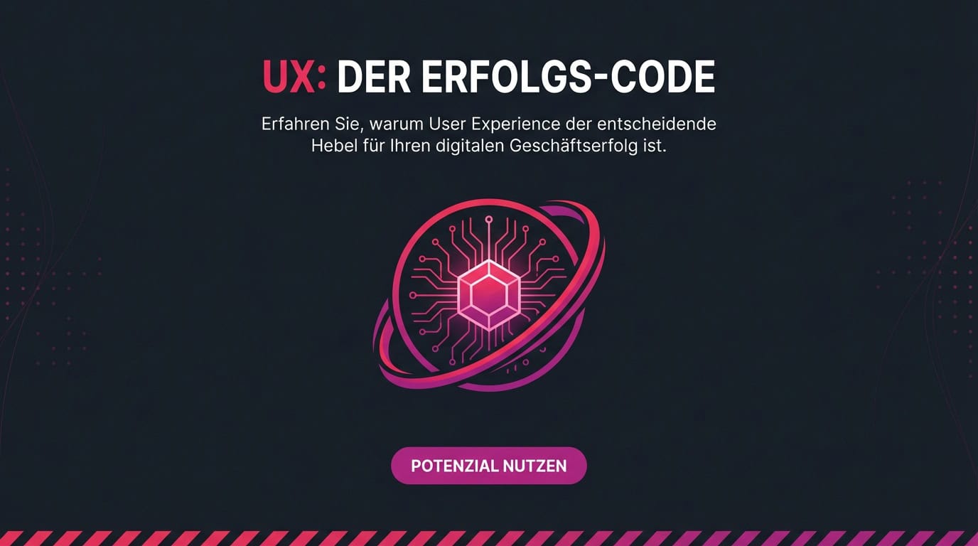 Banner mit Überschrift 'UX: Der Erfolgs-Code' und futuristischem Icon eines digitalen Kerns.
