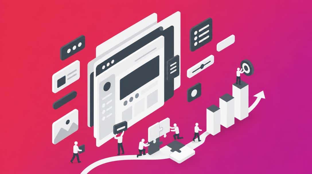 UX Design Prozess zur Steigerung des digitalen Marketings Abstrakte Illustration von kleinen Figuren, die an UI Elementen und Puzzleteilen arbeiten, während ein Diagramm mit Pfeil nach oben steigt.