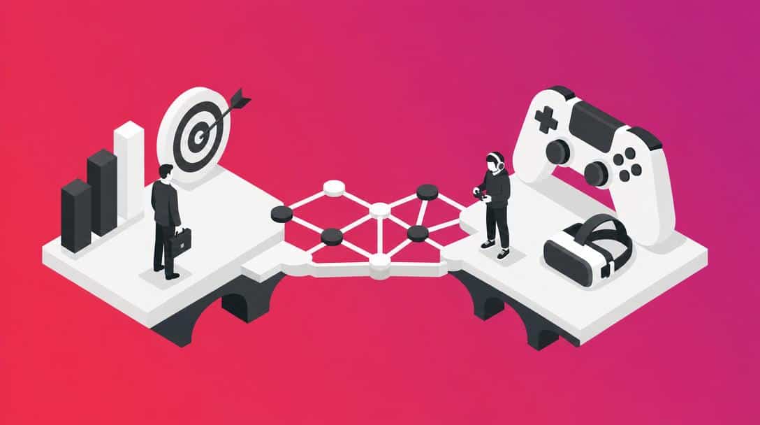 Grafik zeigt Geschäftsmann mit Zielen und Diagrammen, verbunden mit Netzwerk über eine Brücke zu Gamer mit Controller und VR-Brille.