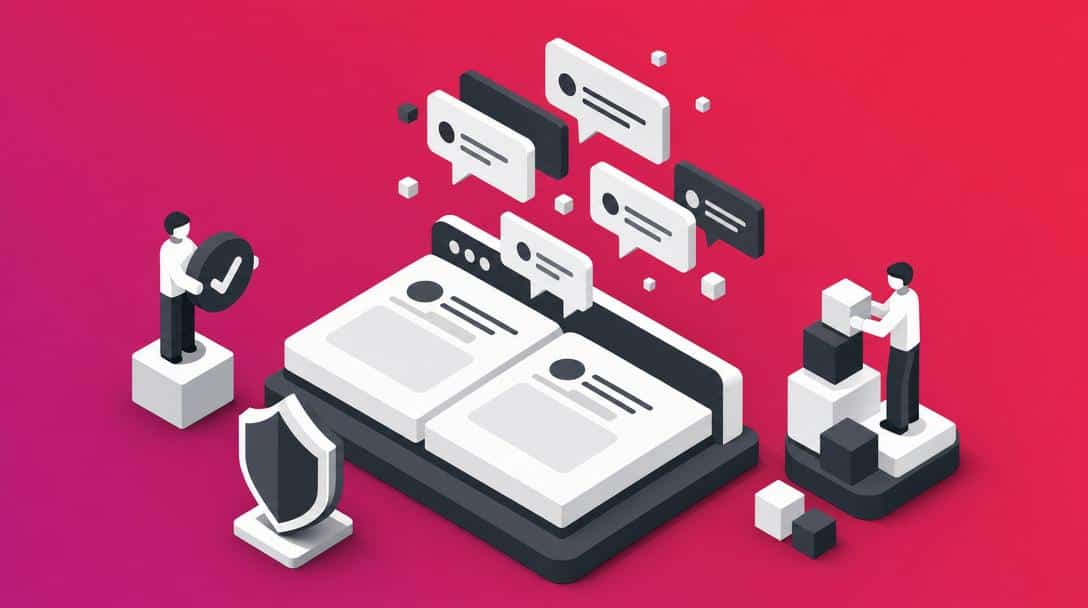 LU Guestbook WordPress Plugin: Moderation & Avada Integration Illustration eines WordPress-Gästebuch-Plugins mit Moderations-Dashboard, Avada-Integration und Chat-Symbolen.