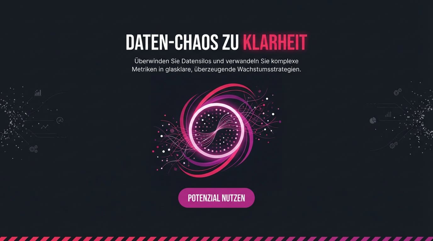 Banner: Text 'Daten-Chaos zu Klarheit' und eine abstrakte Grafik zur Datenvisualisierung.