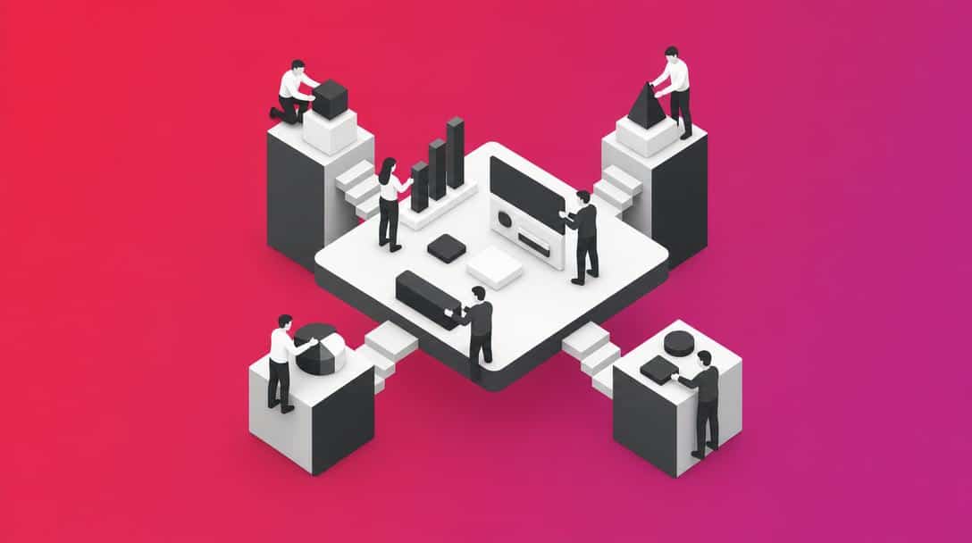 Isometrische Darstellung eines Teams, das an digitalen Bausteinen und Diagrammen arbeitet, um ein komplexes System zu erstellen.