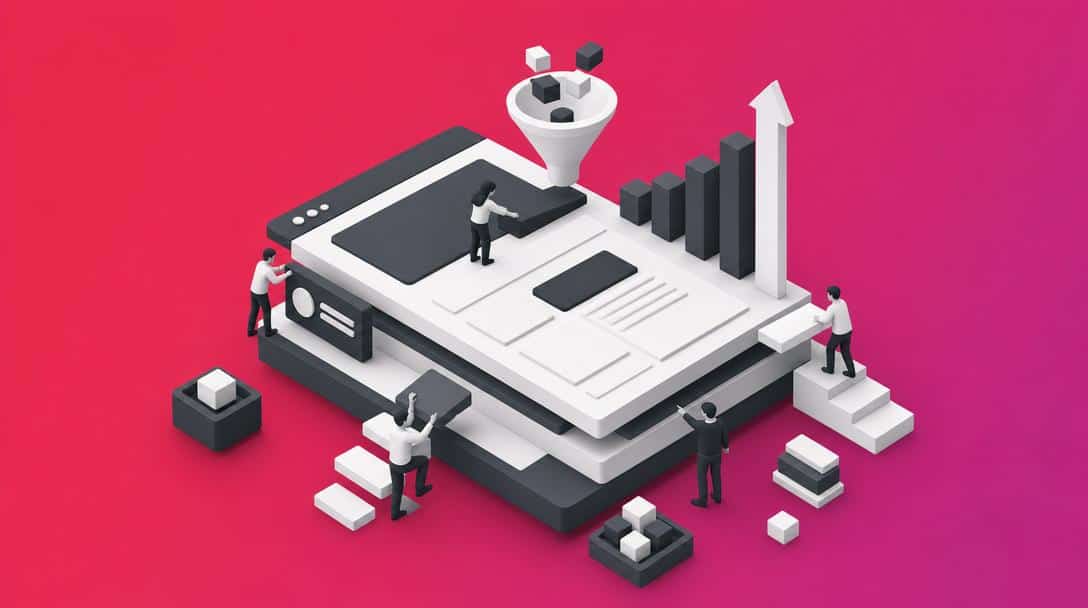 Menschen bauen eine Landingpage mit Trichter und Diagrammen, die Wachstum symbolisieren.
