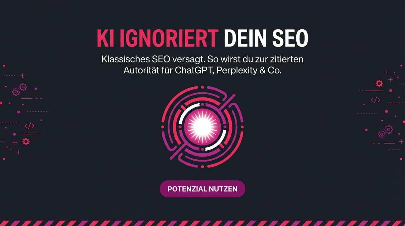 Grafik zu GEO: Text 'KI ignoriert dein SEO' über einem leuchtenden Symbol für Künstliche Intelligenz.