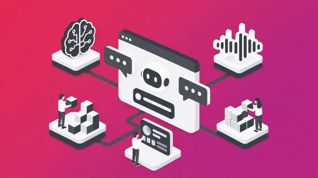 LU AI Chat Plugin: KI-Chatbot mit Sprachfunktion Illustration eines KI-Chatbots mit Gehirn-Symbol, Sprachwellen und Personen, die Elemente zusammensetzen.