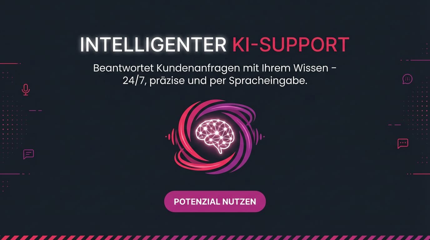 Banner für KI-Support Plugin mit leuchtendem Gehirn-Icon und dem Text: Intelligenter KI-Support.