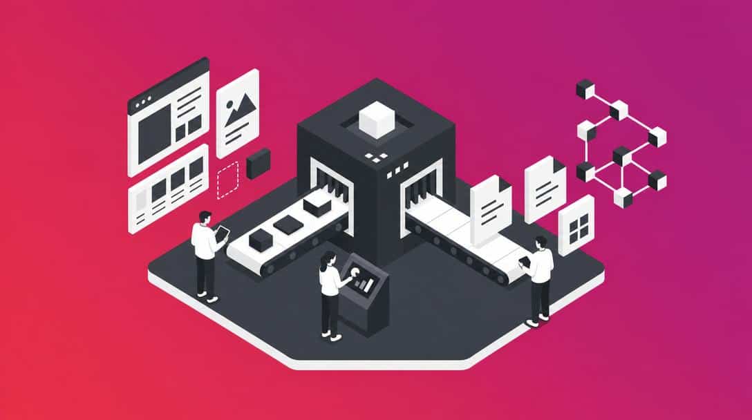 KI-optimierte Datenverarbeitung und Content-Aufbereitung Illustration einer automatisierten Datenverarbeitungsanlage, die Inhalte für KI-Crawler aufbereitet und strukturiert.