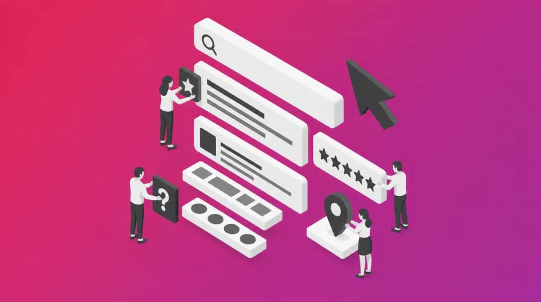Schema.org Plugin für mehr Sichtbarkeit und Klicks Illustration von Menschen, die Suchergebnisse, Sternebewertungen, Standorte und Fragezeichen manipulieren, um die Funktionalität des LU Schema.org Plugins zu veranschaulichen.