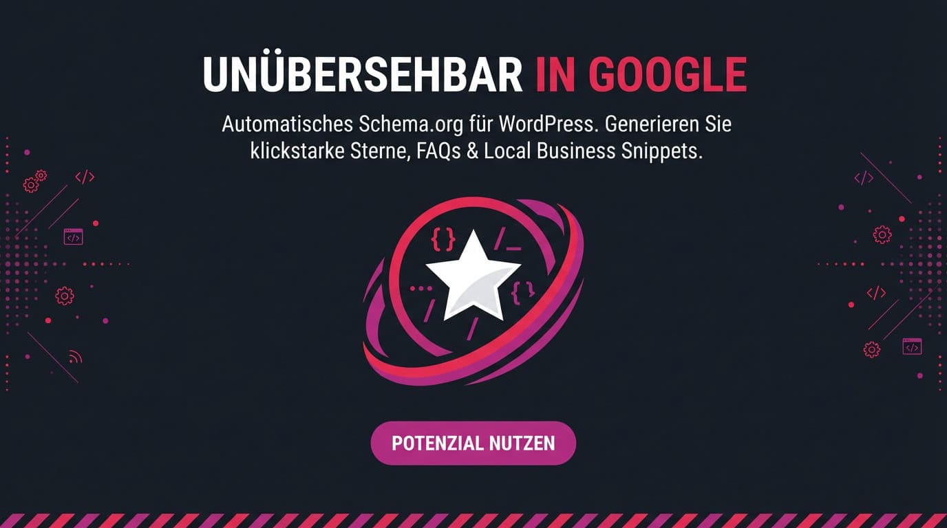 Banner für das LU Schema.org Plugin: Text 'Unübersehbar in Google' mit einem Stern-Icon.