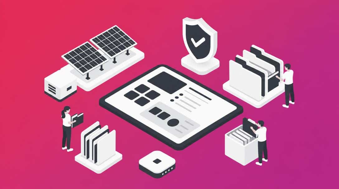 BAUER Portal Plus: Solarenergie-Garantieverwaltung digitalisiert Illustration von Solarmodulen, einem Wechselrichter und einem Tablet, das ein Dashboard zeigt, mit Personen, die Aktenordner verwalten, und einem Schutzschild-Symbol.
