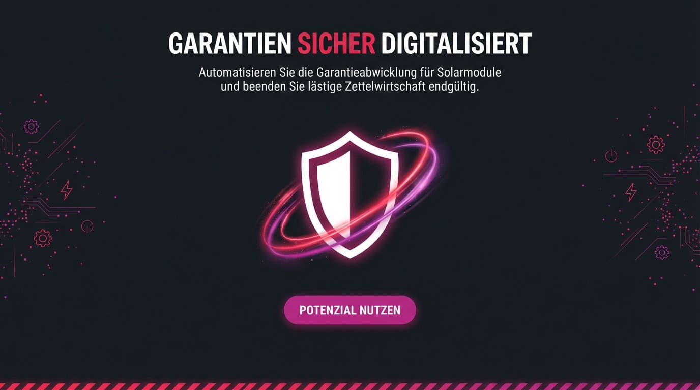 Banner mit Text 'Garantien sicher digitalisiert' und einem leuchtenden Schild-Symbol als Icon.