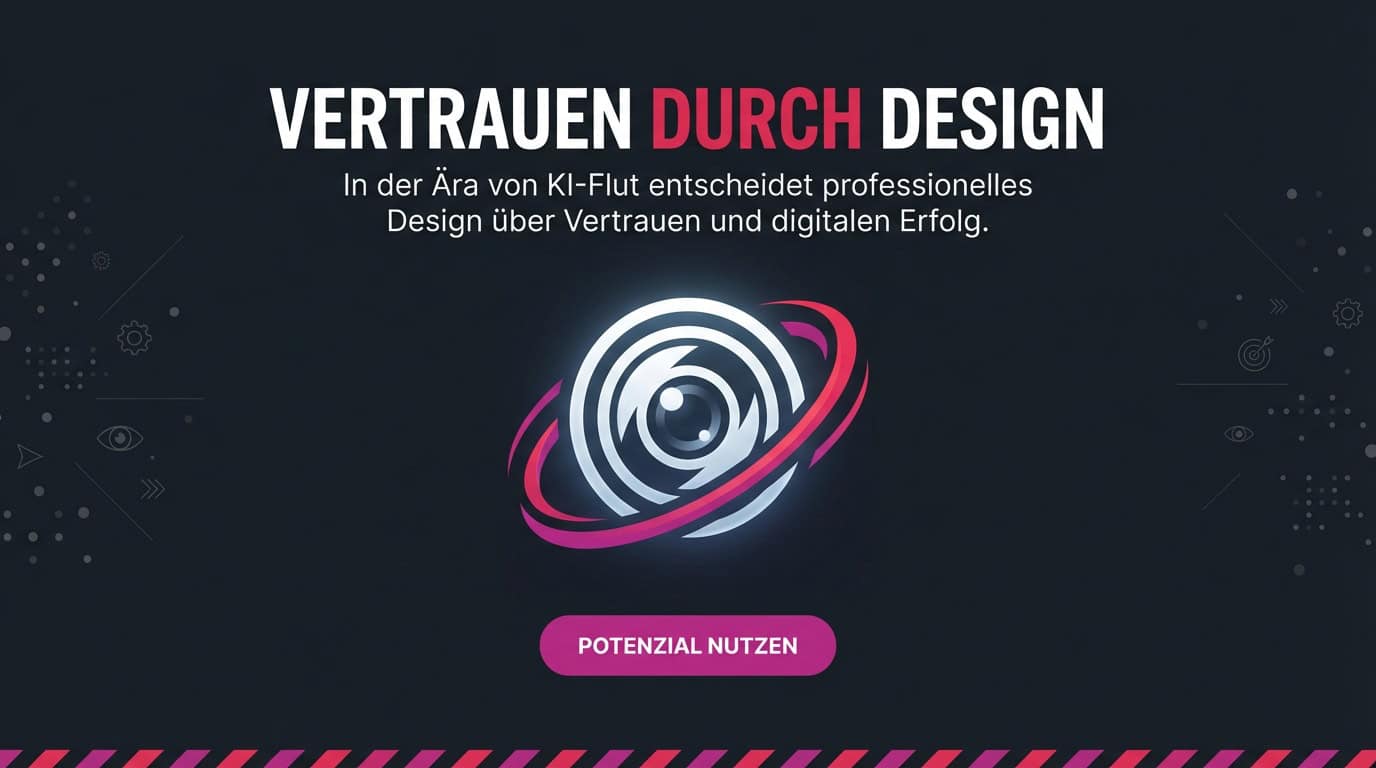Banner: Vertrauen durch Design. Ein stilisiertes Auge symbolisiert den visuellen Erfolg.