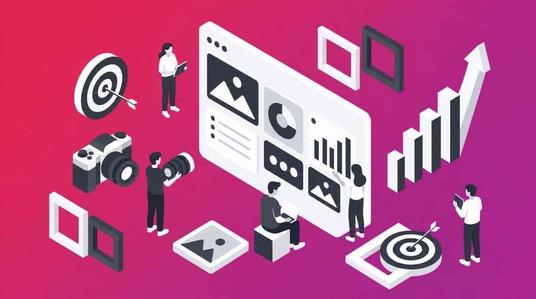 Illustration einer digitalen Marketingstrategie mit Icons für Kamera, Zielscheiben, Diagramme und Personen, die am Computer arbeiten.