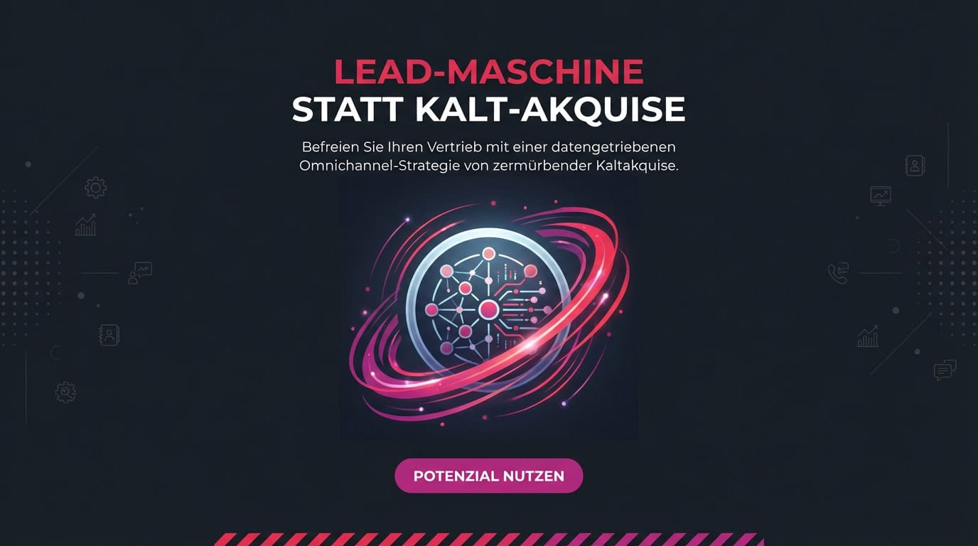 Grafik einer B2B Lead-Maschine. Text: Lead-Maschine statt Kalt-Akquise mit Omnichannel-Strategie.