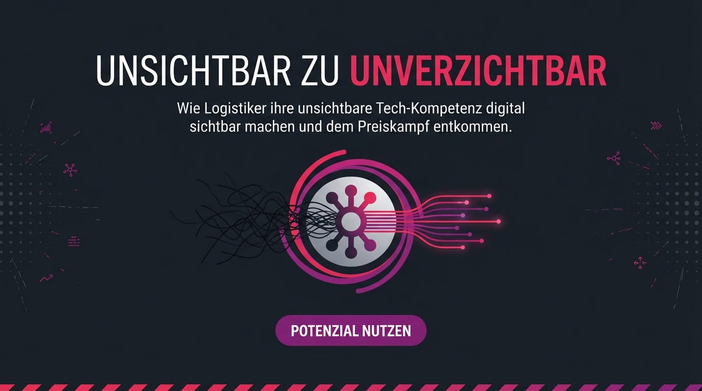 Grafik mit Text 'Unsichtbar zu Unverzichtbar' und Symbol für digitale Transformation in der Logistik.