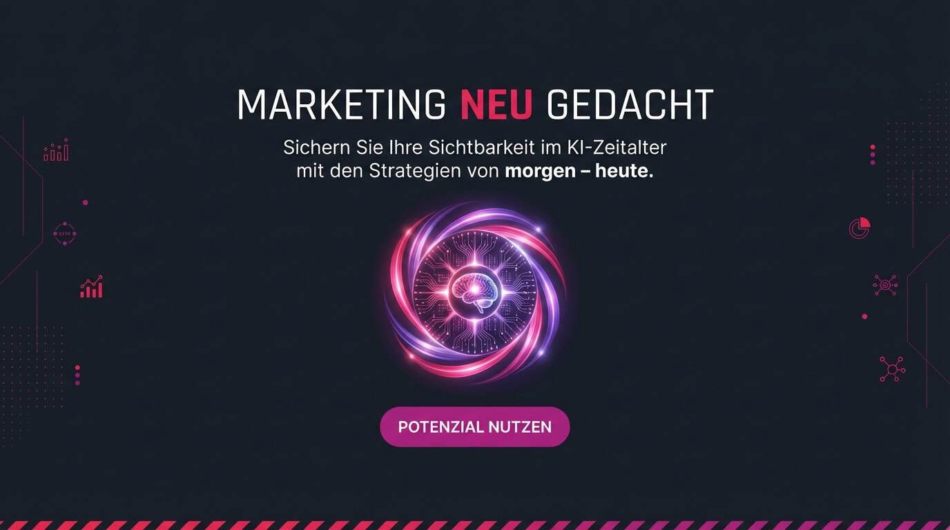 Banner für KI-Marketing mit dem Text 'Marketing neu gedacht' und einem leuchtenden Gehirn-Symbol.