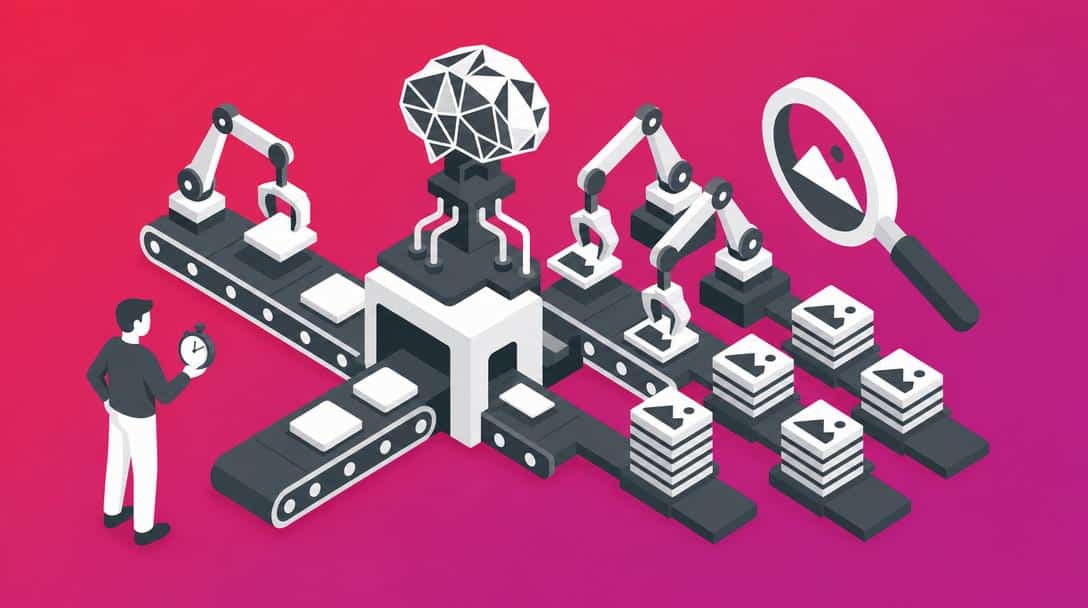 KI-gestützte Automatisierung für SEO-Metadaten Illustration einer KI, die mittels Roboterarmen und Förderbändern Bilder und Texte automatisiert verarbeitet und optimiert.