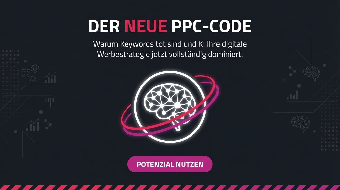 Grafik mit Text: Der neue PPC-Code. Ein Gehirn-Icon symbolisiert die Dominanz von KI.