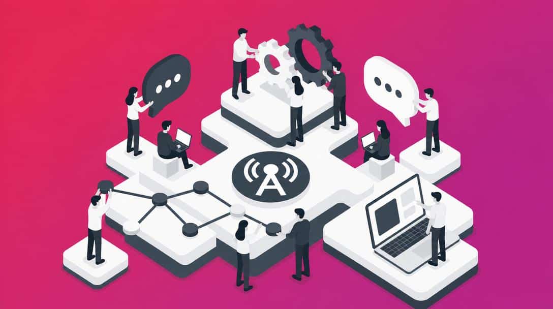 Abstrakte Darstellung von Menschen, die an digitalen Plattformen arbeiten, mit Chat-Symbolen und Zahnrädern, die Kommunikation und Zusammenarbeit symbolisieren.