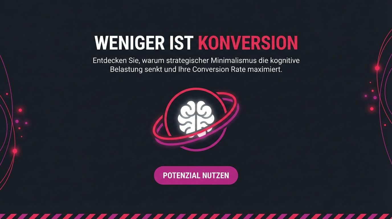 Grafik: Die Headline 'Weniger ist Konversion' und ein Gehirn-Icon zum Thema kognitive Belastung.