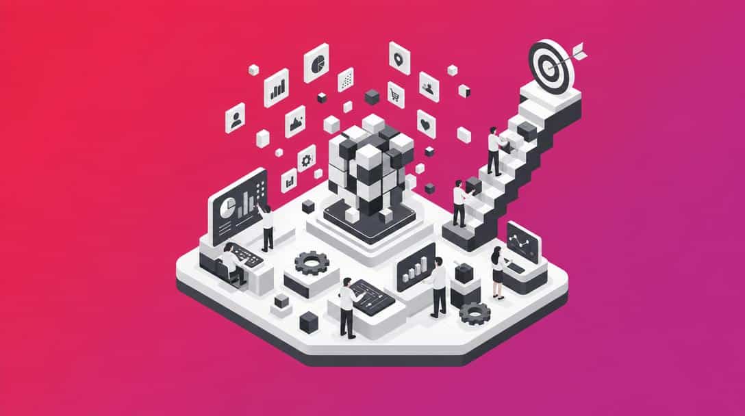 Illustration von KI-gestützter Datenauswertung, Segmentierung und Zielerreichung mit Menschen, die an Computern arbeiten und Treppen zu einem Ziel steigen.