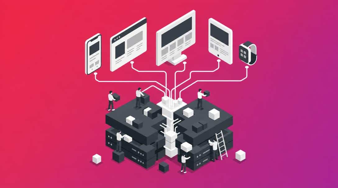 Headless CMS: Von der API zum Frontend Illustration eines Headless CMS mit vernetzten Geräten (Smartphone, Computer, Smartwatch) und einem zentralen Server-System, das von kleinen Personen aufgebaut wird.