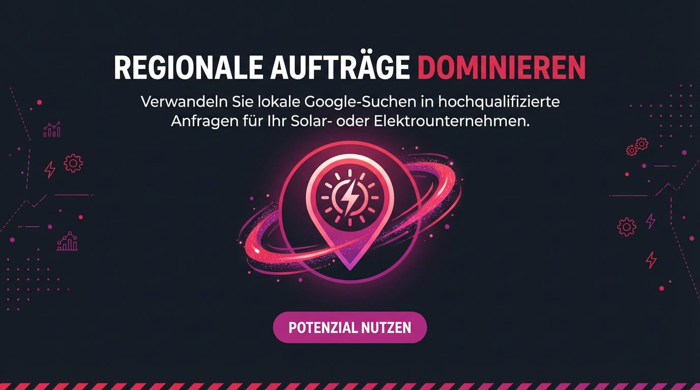 Grafik zu Local SEO: Standort-Pin mit Blitz-Symbol und dem Text 'Regionale Aufträge dominieren'.