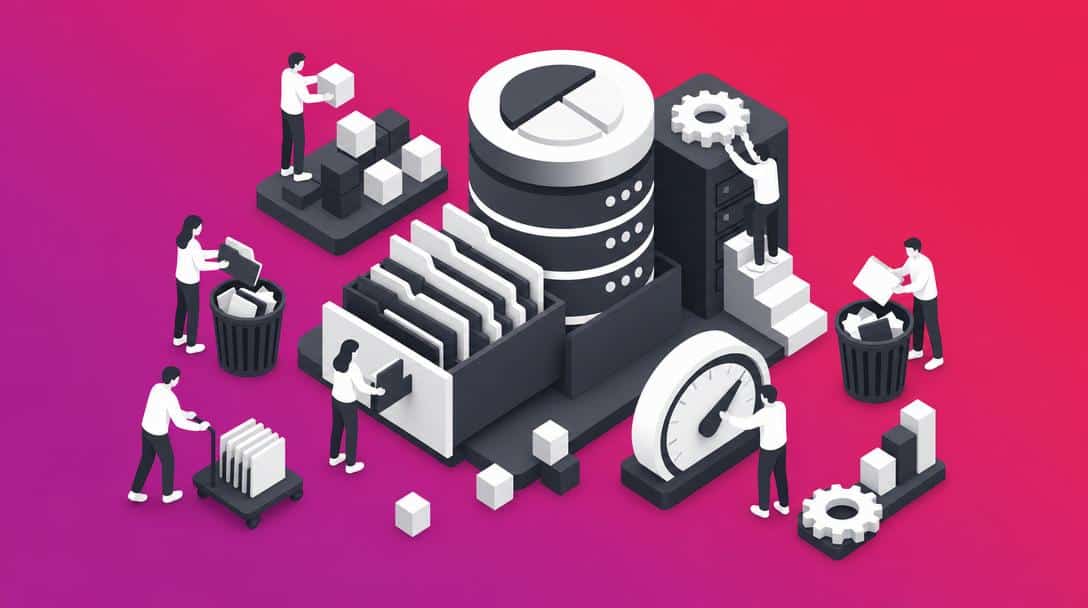 LU Optimize Plugin WordPress Datenbankoptimierung Illustration von Personen, die Datenmüll bereinigen, Datenbanken optimieren und die Website-Performance steigern.