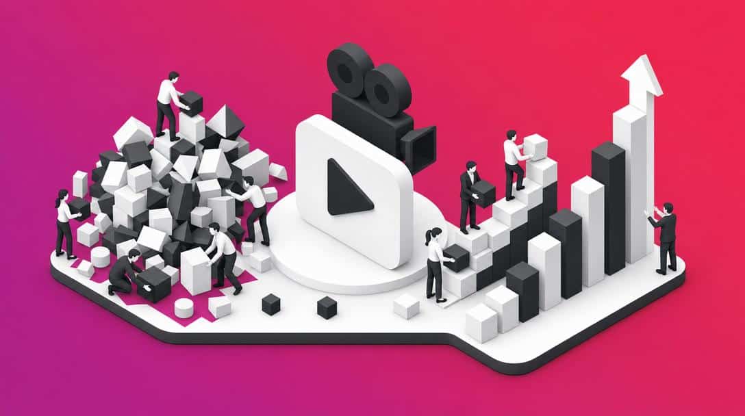 Kleine Figuren bauen einen Berg aus Blöcken, ein Play-Button-Symbol und eine aufsteigende Grafik mit Pfeil. Symbolisiert den Aufbau von Video-Content für B2B-Erfolg.