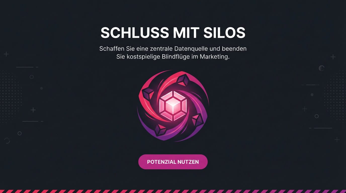 Banner: Schluss mit Silos. Grafik eines leuchtenden Datenkerns, der isolierte Daten bündelt.