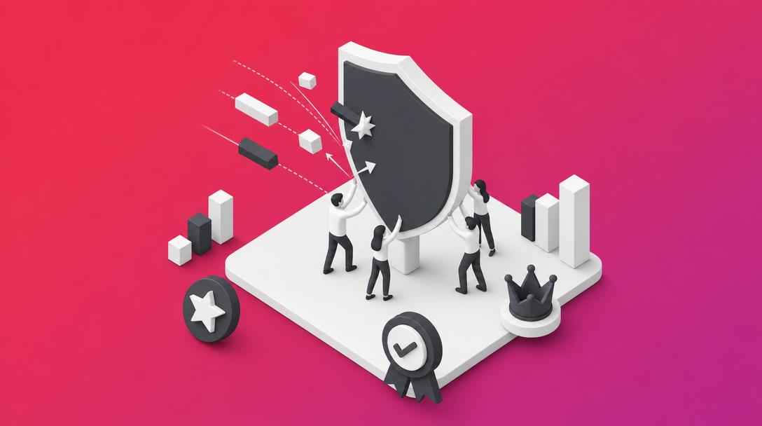 Illustration von Menschen, die gemeinsam einen Schild verteidigen, umgeben von Diagrammen, einer Krone und einem Stern, was E-E-A-T und Autorität symbolisiert.