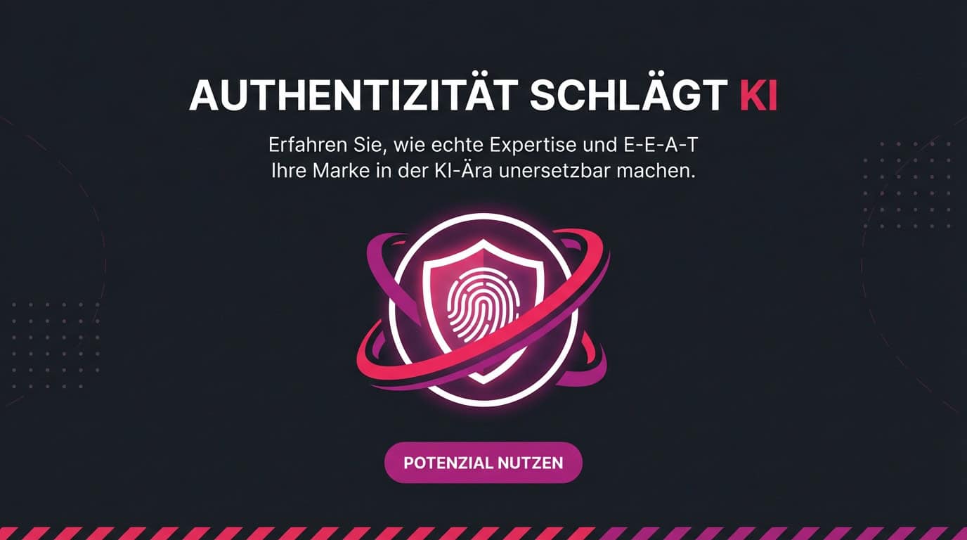 Grafik: Authentizität schlägt KI. Ein leuchtendes Schild-Icon mit Fingerabdruck symbolisiert E-E-A-T.