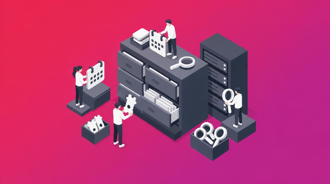 LU Events Archive Plugin: Automatisierte Event-Verwaltung Illustration von Personen, die Kalender, Ordner und Zahnräder organisieren, symbolisiert das LU Events Archive Plugin zur automatisierten Event-Verwaltung.