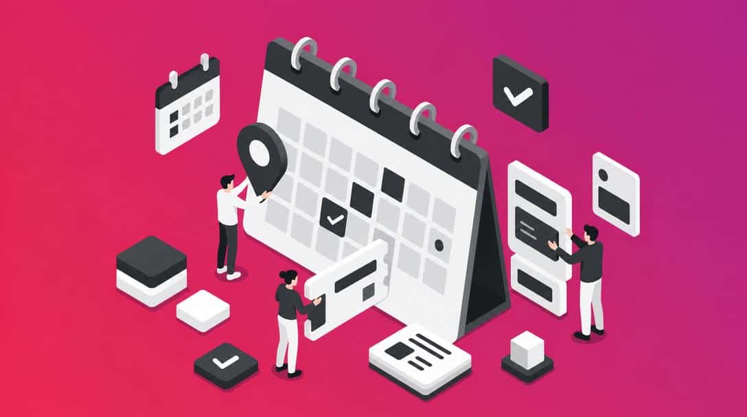LU Events Plugin: Kalender-Management und Event-Planung Illustration von Menschen, die einen Kalender und Event-Informationen verwalten, passend zum LU Events Plugin für WordPress.