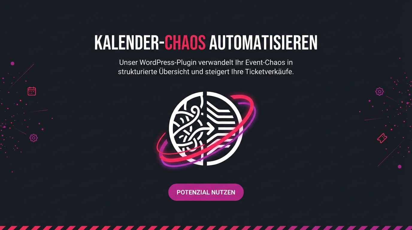 Logo, das Chaos in Ordnung verwandelt, mit dem Slogan: Kalender-Chaos automatisieren.