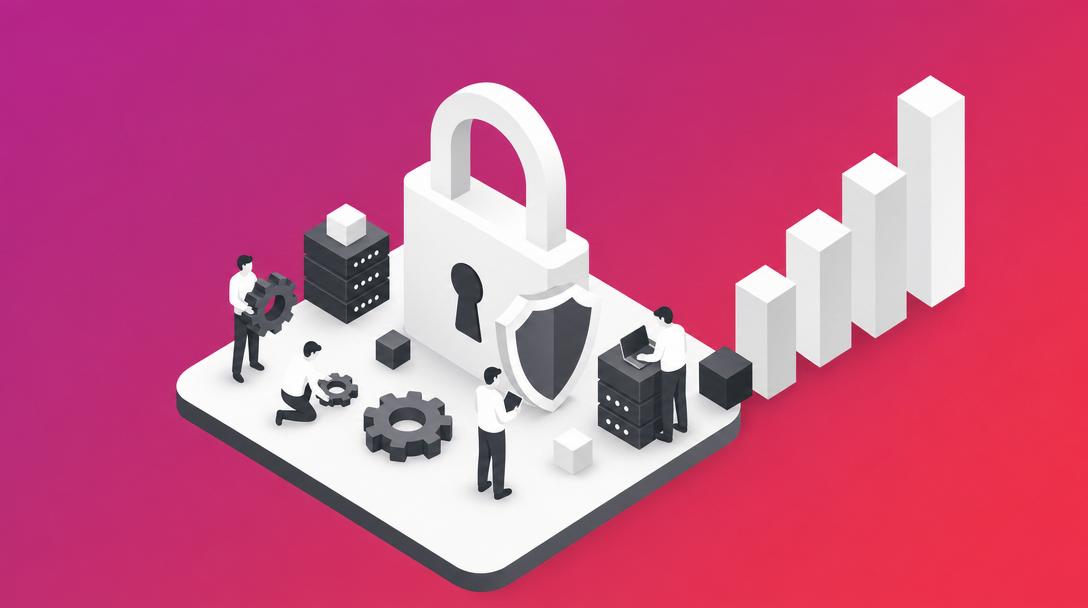 LU Password Protected: Website-Sicherheit und SEO-Schutz Illustration: Schloss, Schild, Zahnräder und steigende Balken symbolisieren Website-Sicherheit, Wartung und SEO-Schutz mit LU Password Protected.
