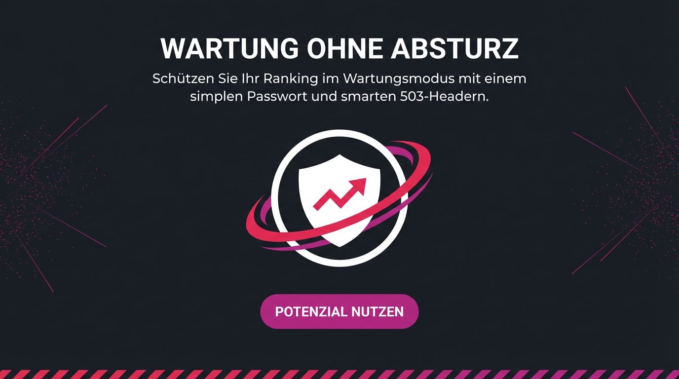 Werbegrafik: Text 'Wartung ohne Absturz' und ein Schutzschild-Icon für SEO-sicheren Wartungsmodus.