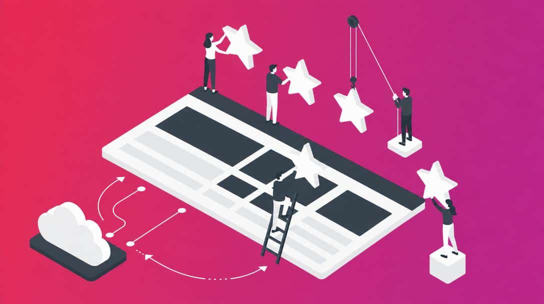Lu Reviews Plugin: Kundenbewertungen für WordPress Illustration von Personen, die Sterne auf einer Website platzieren, um Kundenbewertungen anzuzeigen.