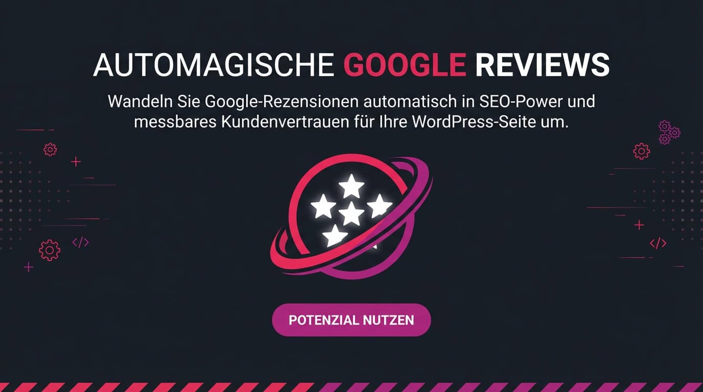 Banner für das LU Reviews Plugin mit dem Text 'Automagische Google Reviews' und einem 5-Sterne-Logo.