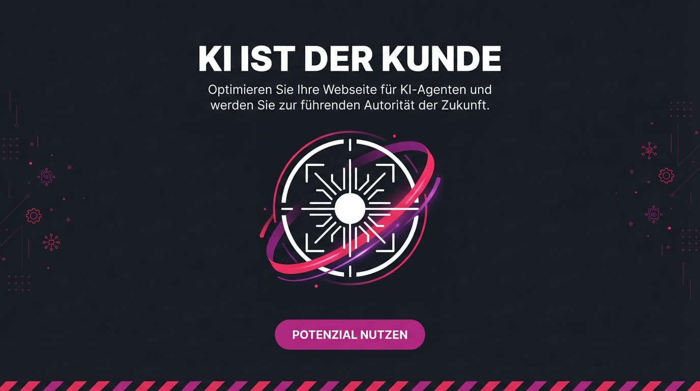 Grafik zu Machine Experience mit Text 'KI ist der Kunde' und einem futuristischen Ziel-Symbol.