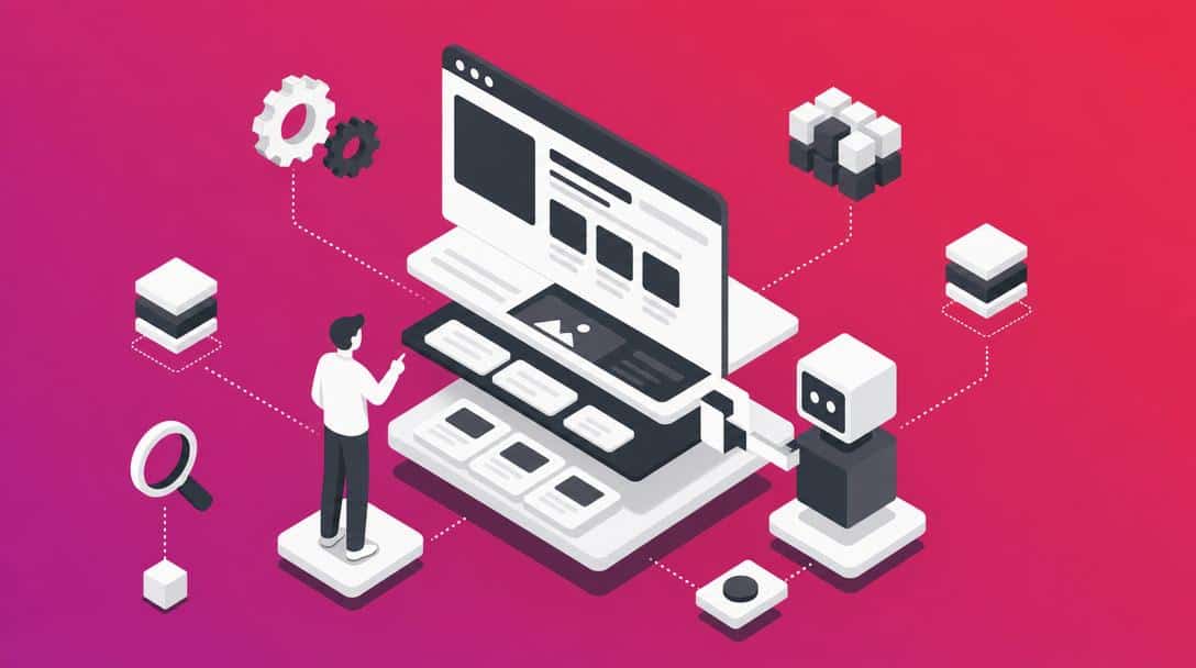 Illustration eines KI-Roboters, der eine Website-Struktur analysiert, mit Symbolen für Daten, Suche und Zahnräder, die eine Machine Experience (MX) darstellen.