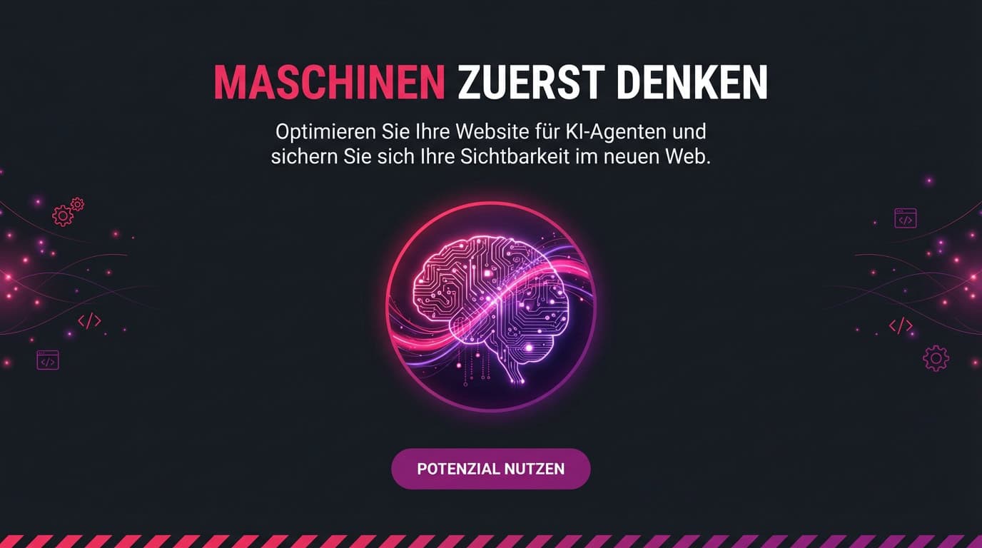 Ein leuchtendes Gehirn aus Schaltkreisen. Text: Maschinen zuerst denken, für KI optimieren.