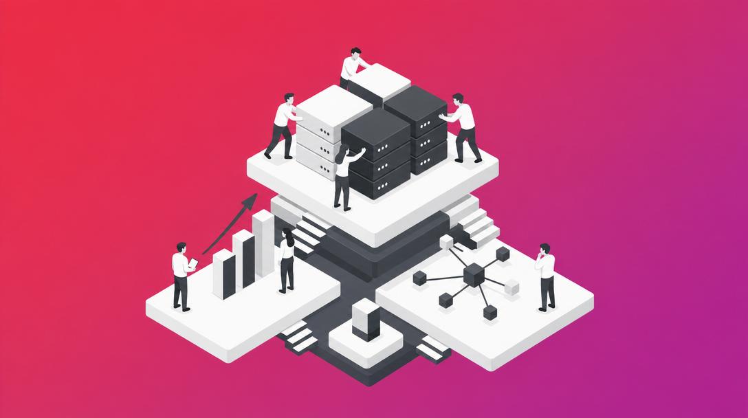 Illustration von Teamarbeit an Servern, Diagrammen und Netzwerken, die die Kollaboration und KI-Features von WordPress 7.0 symbolisiert.