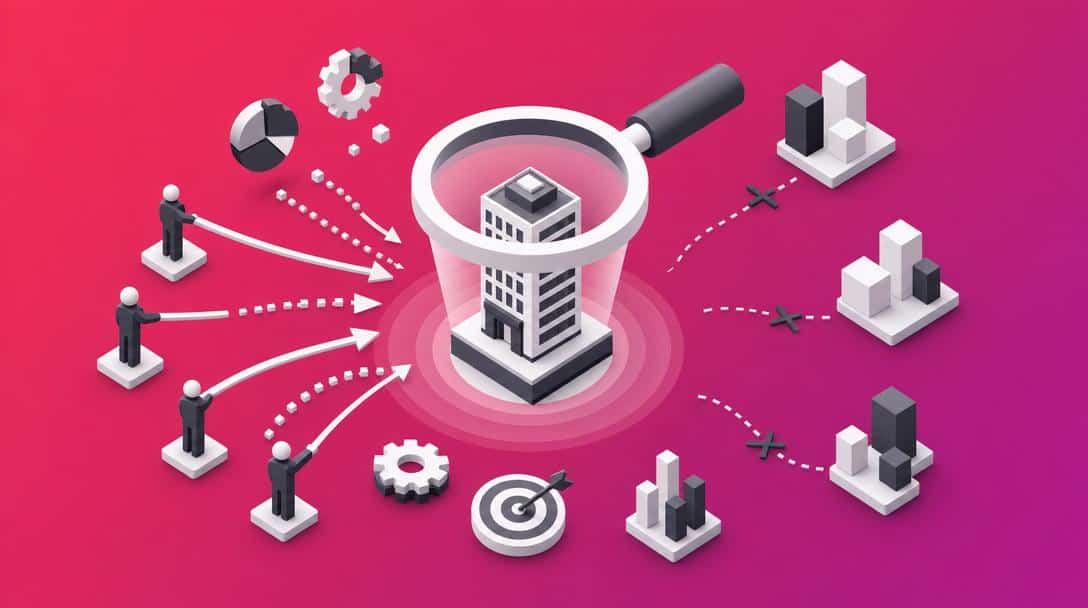 Illustration von Account-Based Marketing: Lupe fokussiert auf ein Gebäude, Pfeile von Personen zeigen darauf, Diagramme und Zielscheibe im Hintergrund.