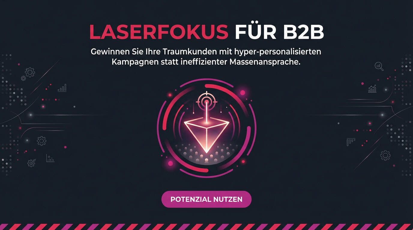 Grafik: Laserfokus für B2B. Ein Laser zielt auf eine Gruppe von Zielkunden, symbolisiert durch Punkte.
