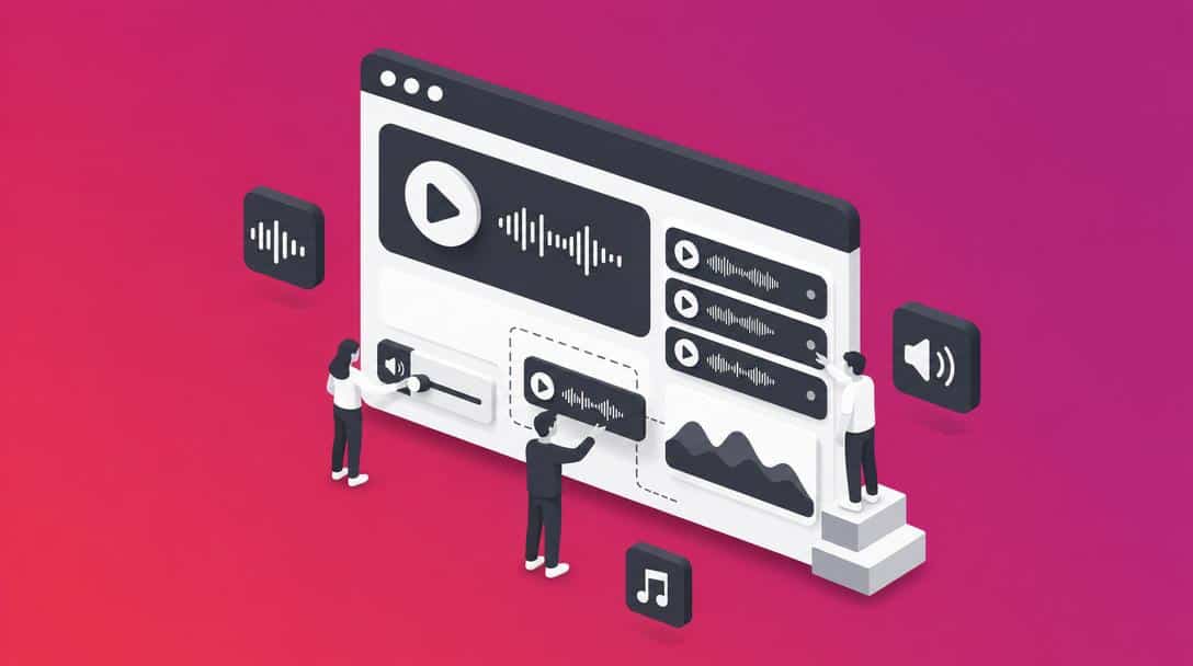 Luna Audio Player Plugin: Moderne Audio-Wiedergabe Illustration eines modernen Web-Audio-Players mit Playlisten, Lautstärkeregelung und Visualisierungen, bedient von kleinen Figuren.